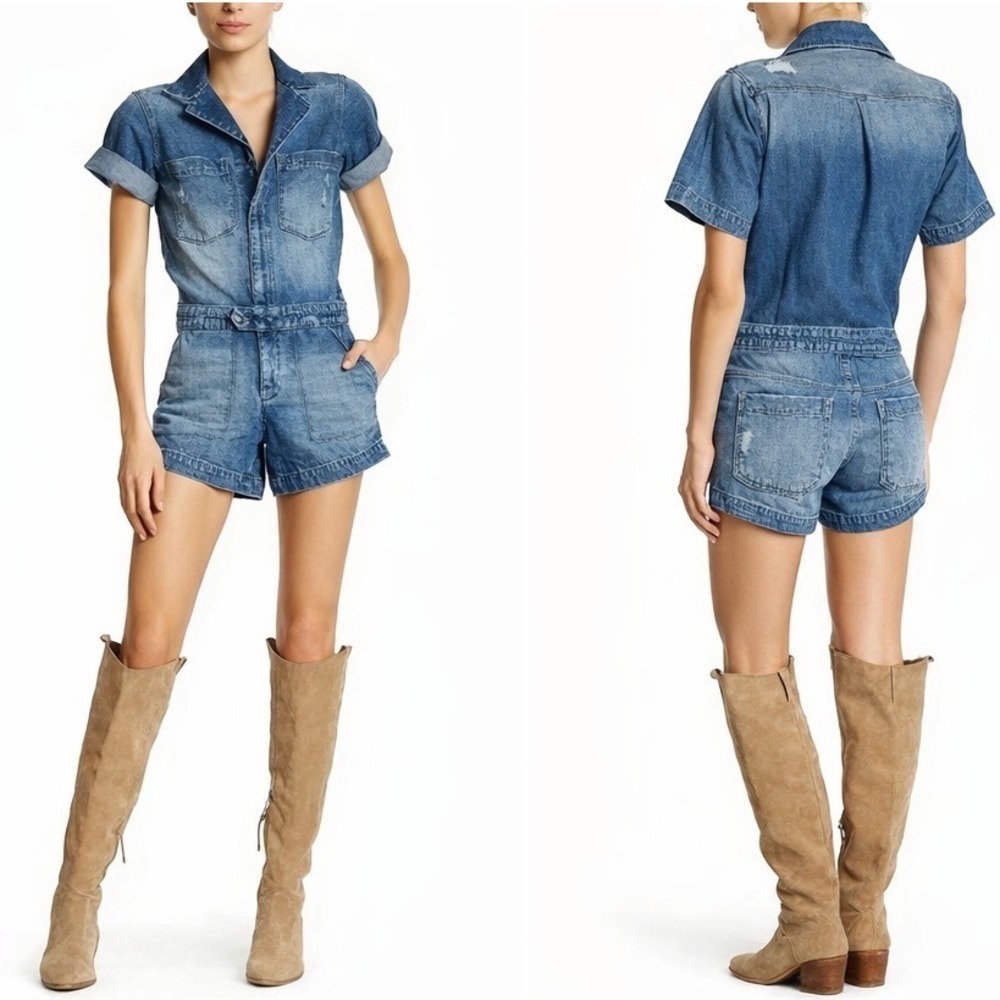 DL1961 Women's Hannah Distressed‎ Denim Romper Jumpsuit Cosmic Blue Short Sleeve